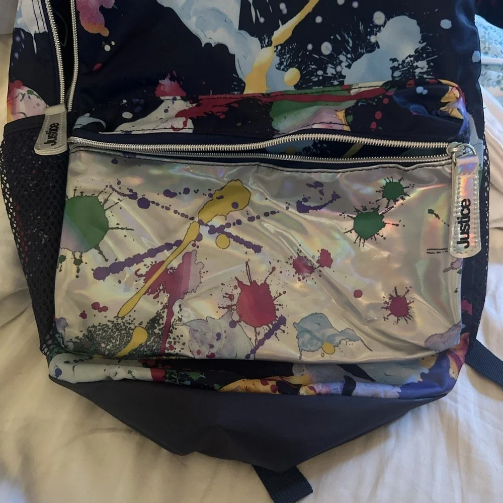 Justice 2004 Exclusive Backpack Paint Splatter  Iridescent Front Pocket 17